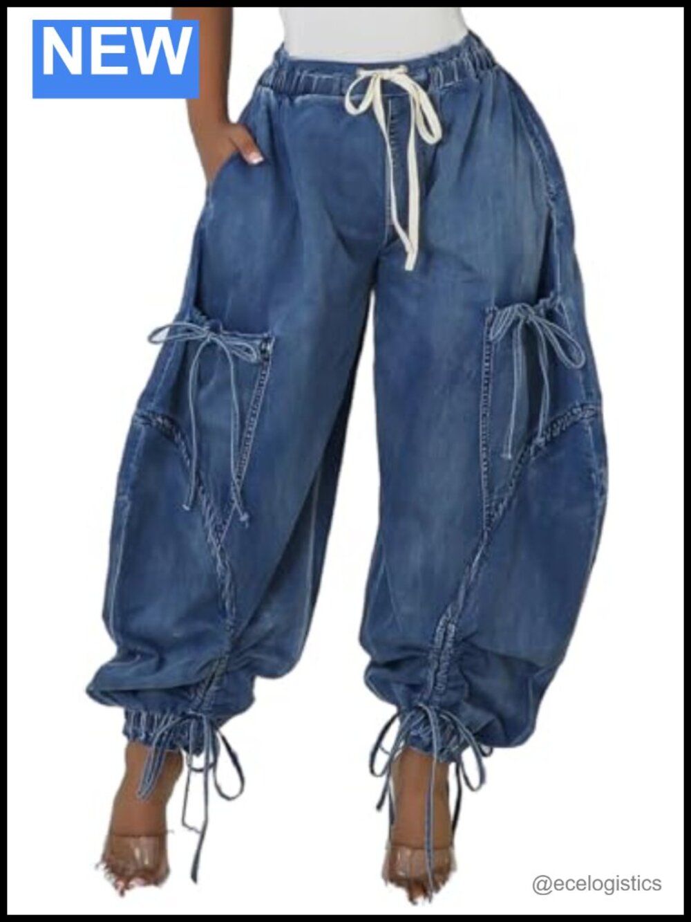 Women Baggy Cargo Jeans High Waisted Wide Leg Buckle Strap Barrel Denim Pants